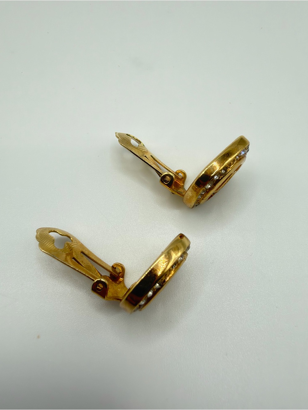 Christian Dior Earrings Vtg CD Logo Gold Plated Clip 1980s Rhinestone Germany - Picture 8 of 9